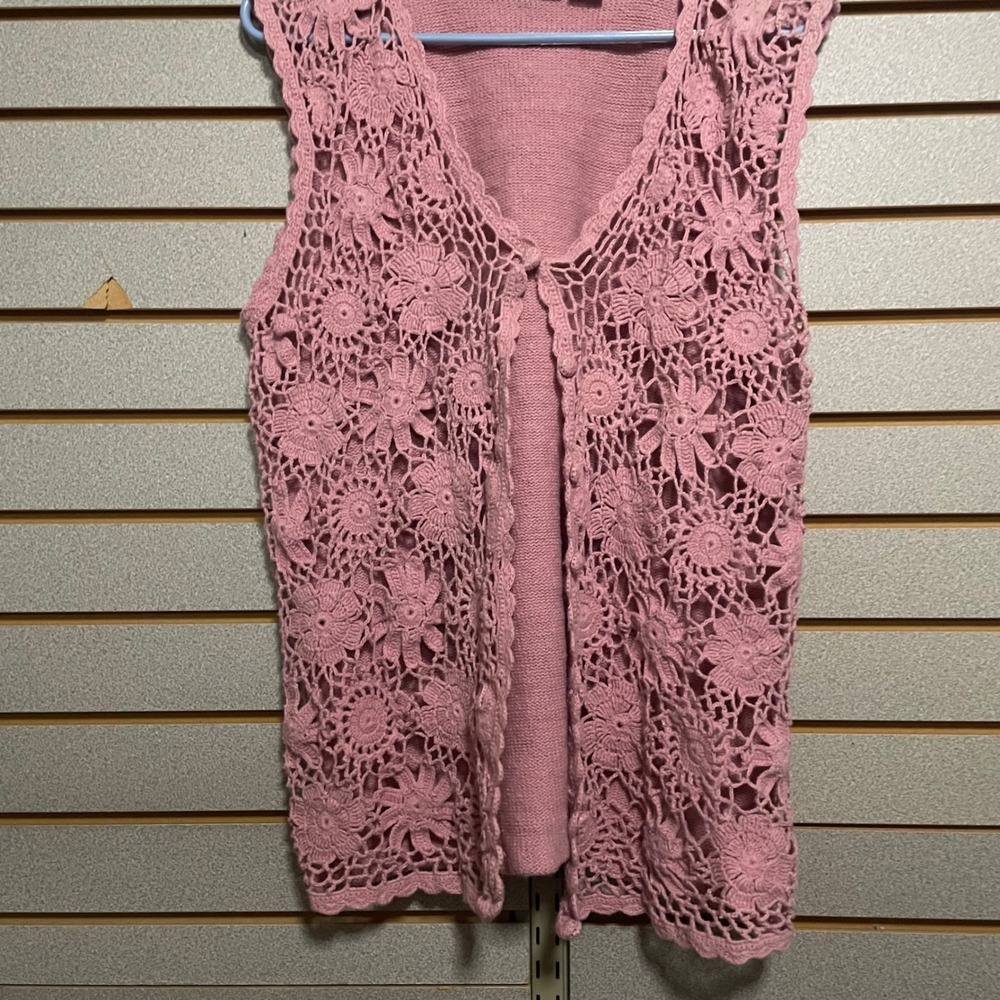SMW Style My Way Pink Crochet Floral Knit‎ Vest Cardigan Women's Size L